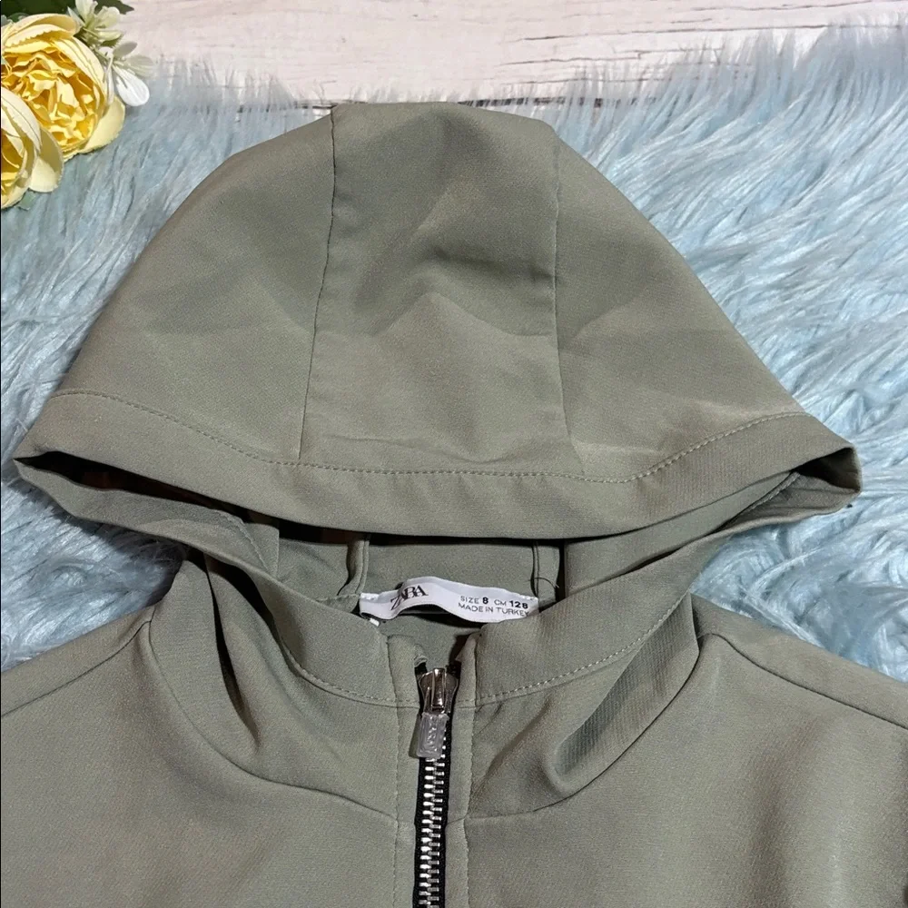 Zara Kids Green Hooded Jacket with Black Details Sz 8